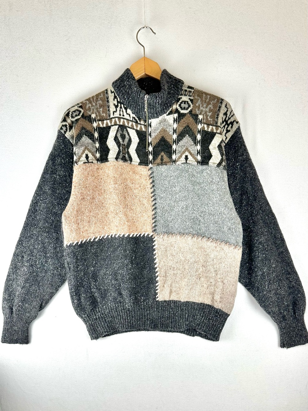 Patchwork Style Quarter Zip Sweater Wool Blend Vintage Look